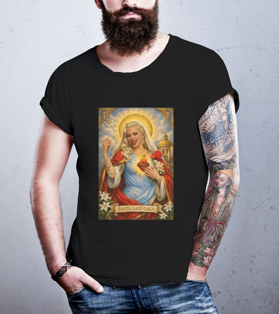 Santa Lady Gaga Sacred Heart Imagery With Rosary And Golden Halo T-Shirt