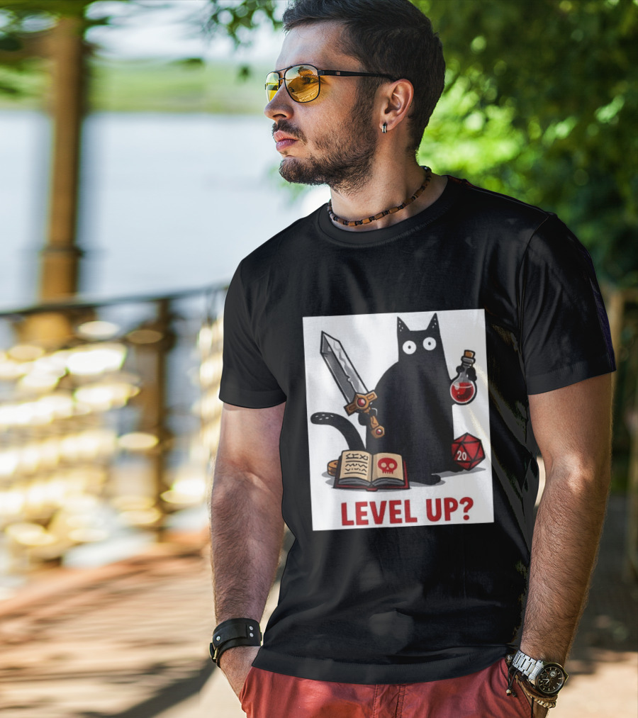 Black Cat Level Up Sword Potion D20 Dice Book Dungeons And Dragons T-Shirt