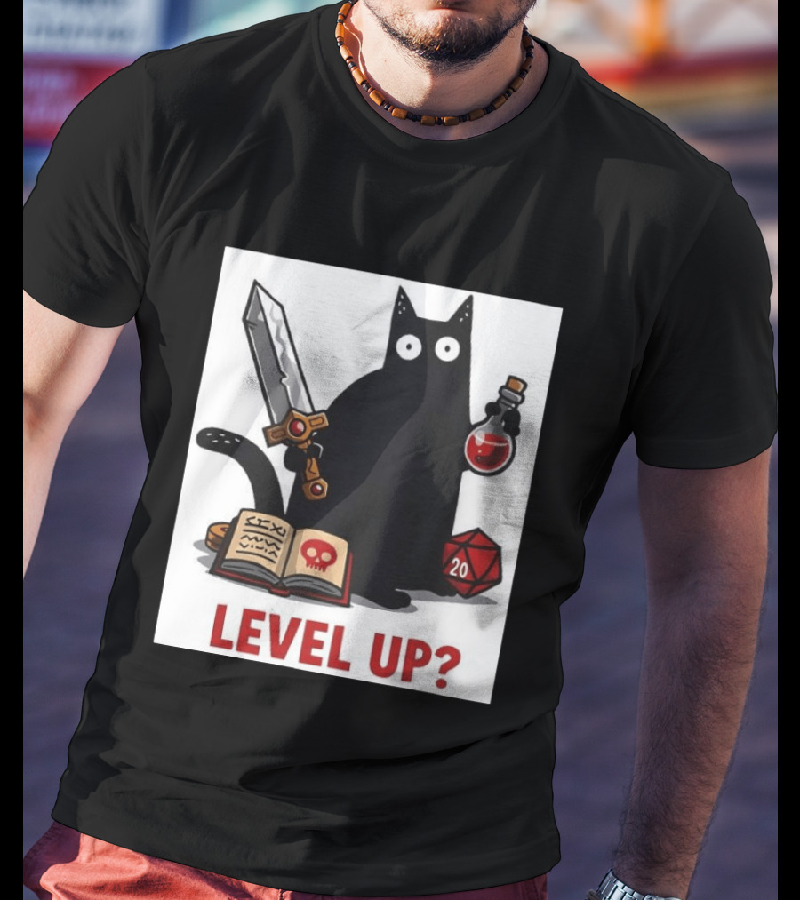 Black Cat Level Up Sword Potion D20 Dice Book Dungeons And Dragons T-Shirt