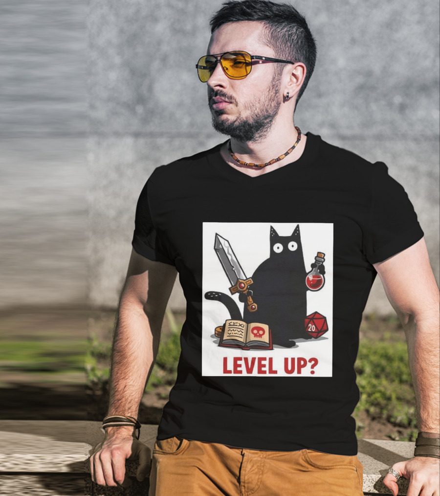 Black Cat Level Up Sword Potion D20 Dice Book Dungeons And Dragons T-Shirt