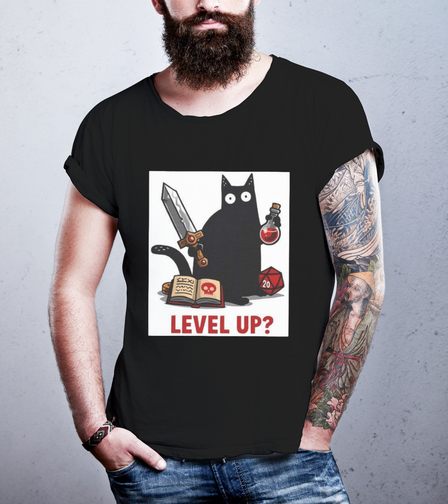 Black Cat Level Up Sword Potion D20 Dice Book Dungeons And Dragons T-Shirt