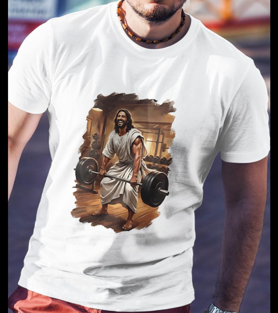 Jesus Lifting Weights In Gym Spiritual Fitness Motivation T-Shirt