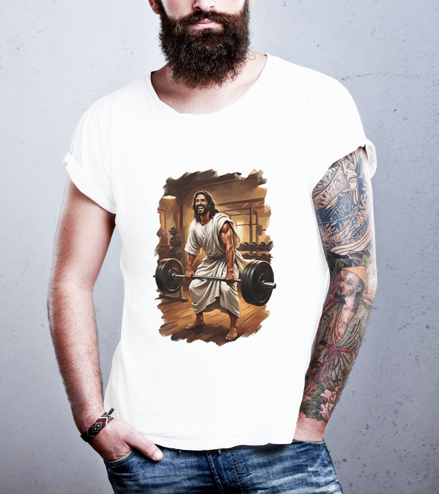 Jesus Lifting Weights In Gym Spiritual Fitness Motivation T-Shirt
