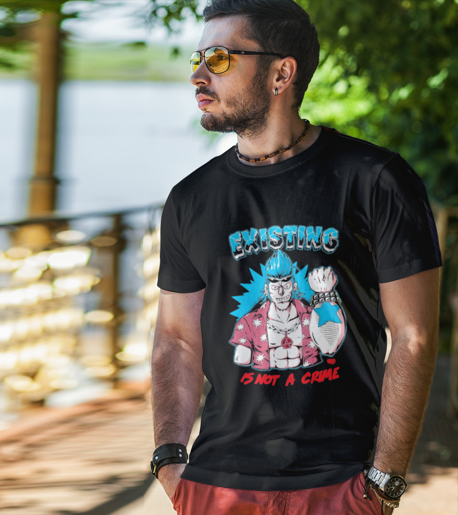 EXISTING IS NOT A CRIME Anime Punk Character Blue Hair Star Tattoo T-Shirt