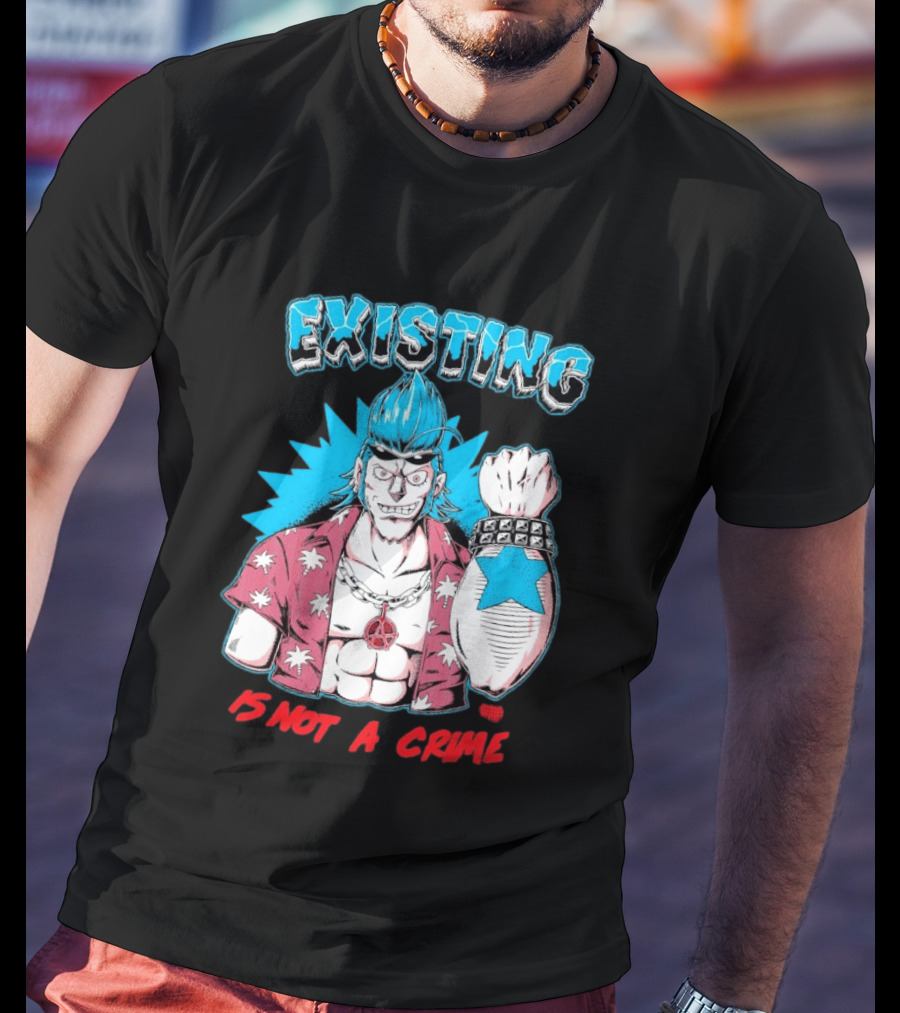 EXISTING IS NOT A CRIME Anime Punk Character Blue Hair Star Tattoo T-Shirt