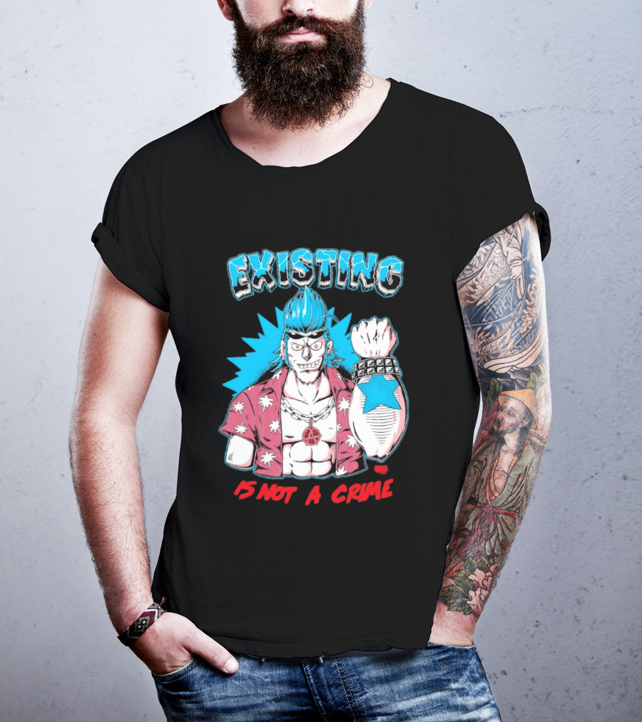 EXISTING IS NOT A CRIME Anime Punk Character Blue Hair Star Tattoo T-Shirt