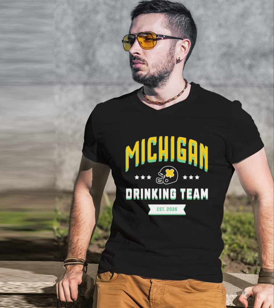 Michigan Wolverines Drinking Team St Patrick's Day Est 2026 Football Helmet Four Leaf Clover T-Shirt
