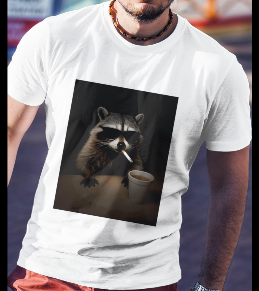 Raccoon Drinking Coffee Smoking Cigarette Wearing Sunglasses T-Shirt