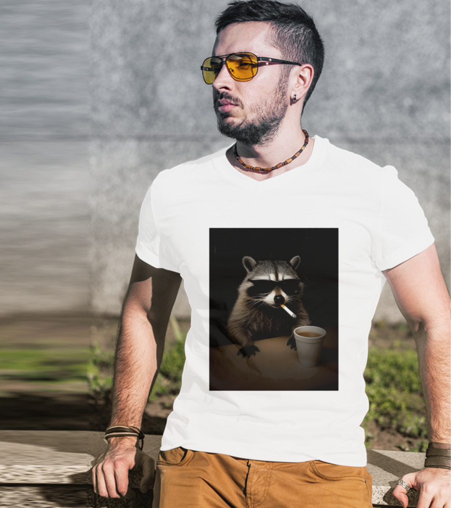 Raccoon Drinking Coffee Smoking Cigarette Wearing Sunglasses T-Shirt