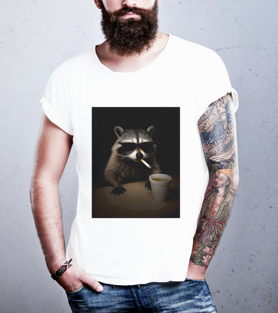 Raccoon Drinking Coffee Smoking Cigarette Wearing Sunglasses T-Shirt