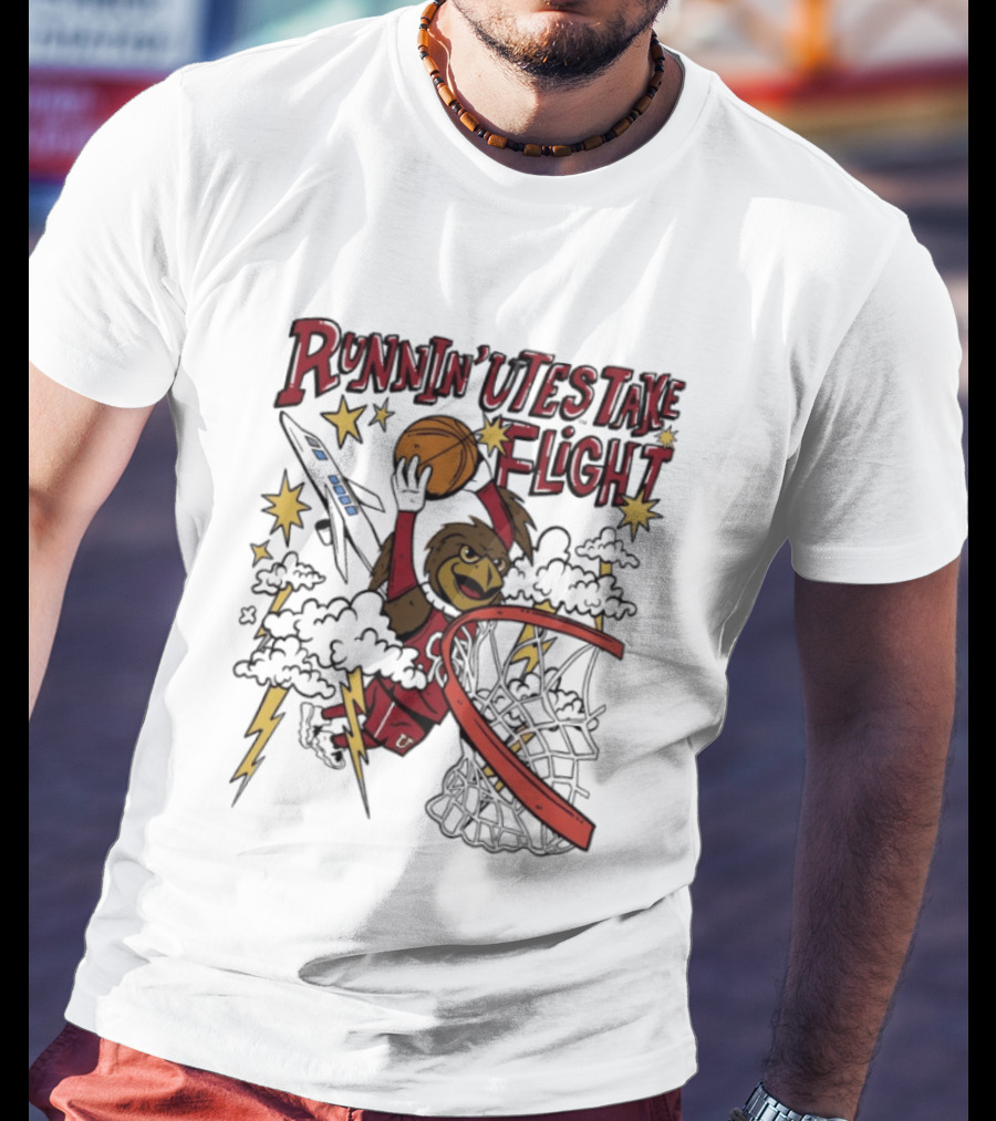 Runnin' Utes Take Flight Basketball Mascot Dunking With Clouds Lightning And Jet T-Shirt