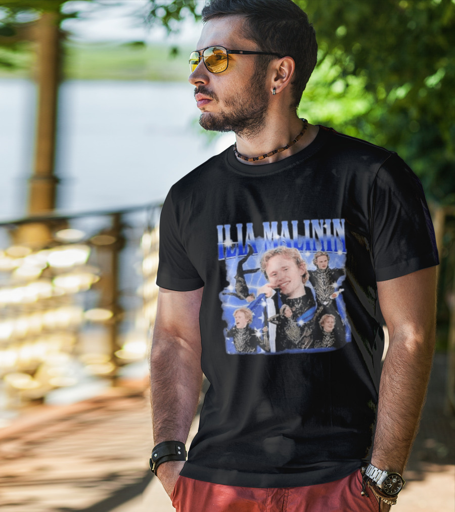 Ilia Malinin Figure Skating Star Blue Sparkle Montage T-Shirt