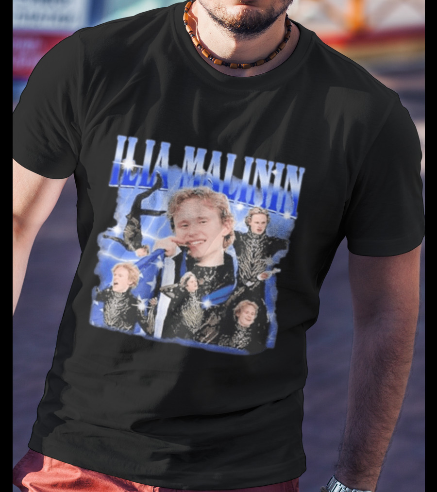 Ilia Malinin Figure Skating Star Blue Sparkle Montage T-Shirt