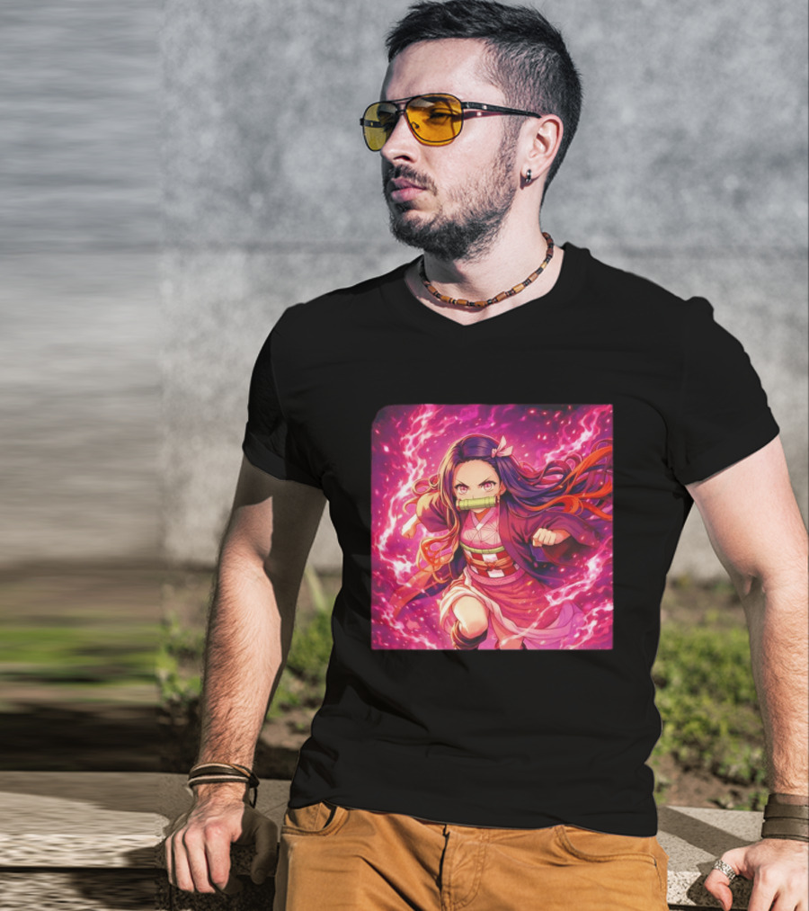 Nezuko Kamado Pink Demon Lightning Aura Magic T-Shirt