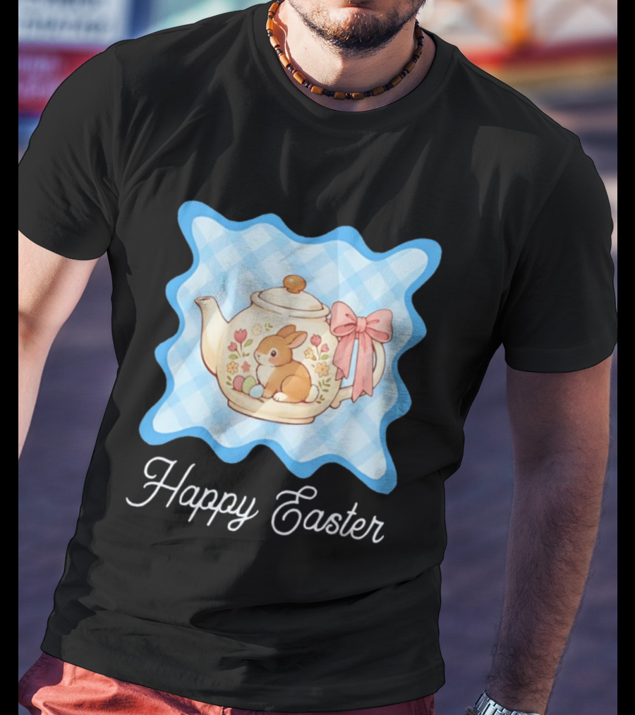 Happy Easter Bunny Teapot With Floral Blue Gingham And Pink Bow T-Shirt