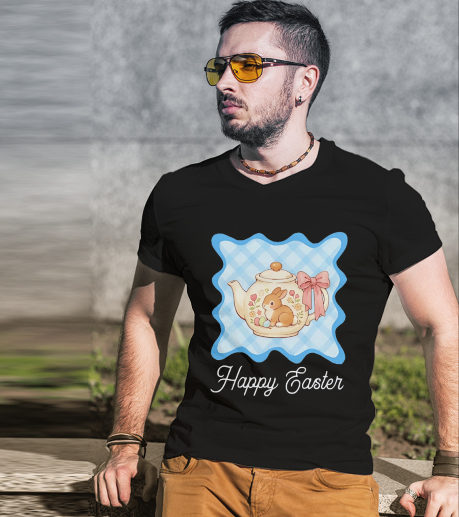 Happy Easter Bunny Teapot With Floral Blue Gingham And Pink Bow T-Shirt