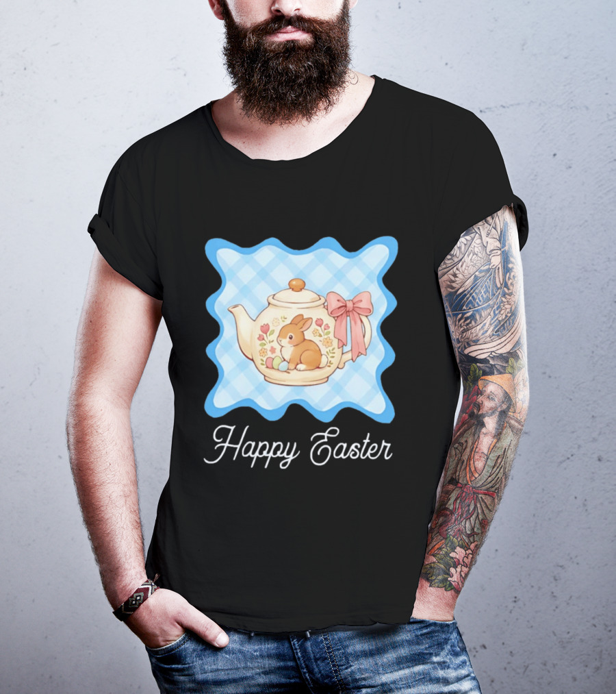 Happy Easter Bunny Teapot With Floral Blue Gingham And Pink Bow T-Shirt