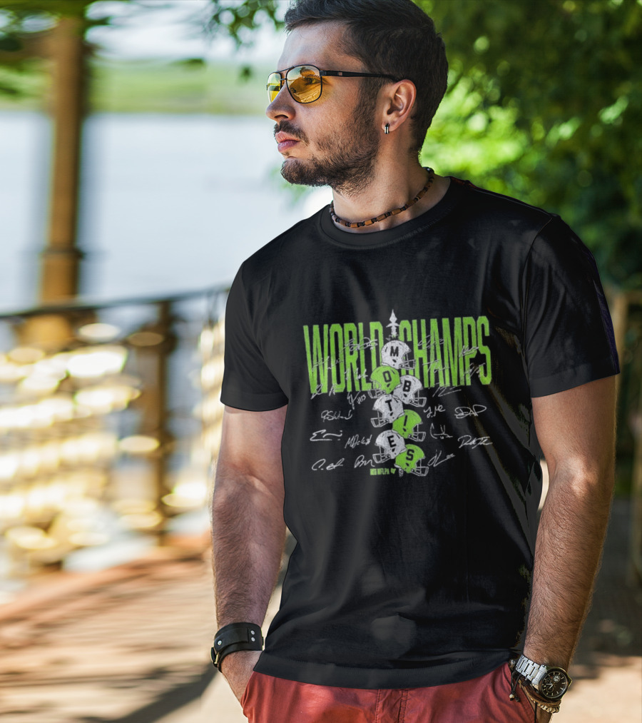 World Champs Seattle Football Helmet Stack Signatures T-Shirt