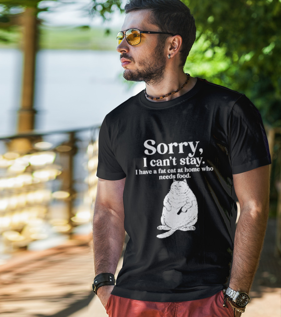 Sorry I Can't Stay I Have A Fat Cat At Home Who Needs Food Cat Lover Humor T-Shirt