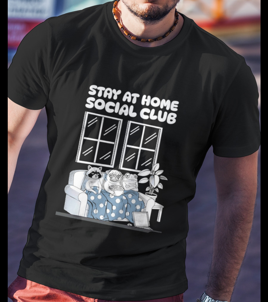 Stay At Home Social Club Raccoon Pug Frog Sofa Window Plant Scene T-Shirt
