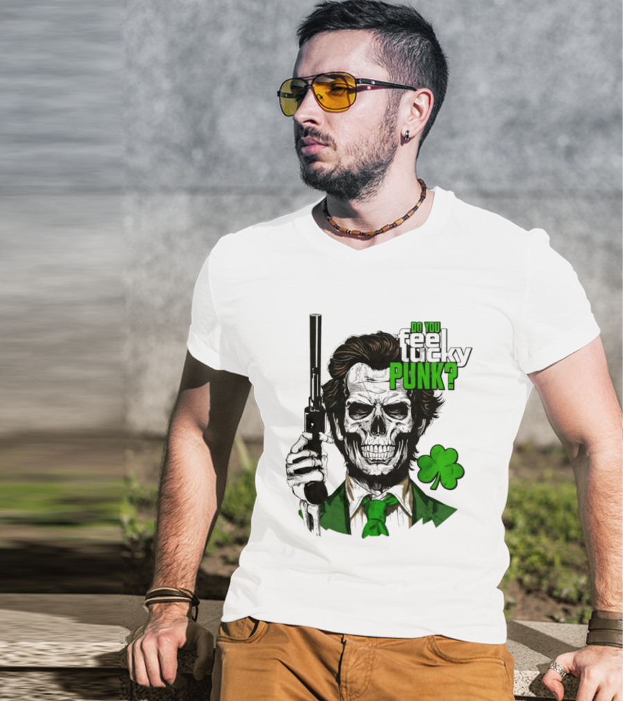 Do You Feel Lucky Punk Skull Gun Shamrock T-Shirt