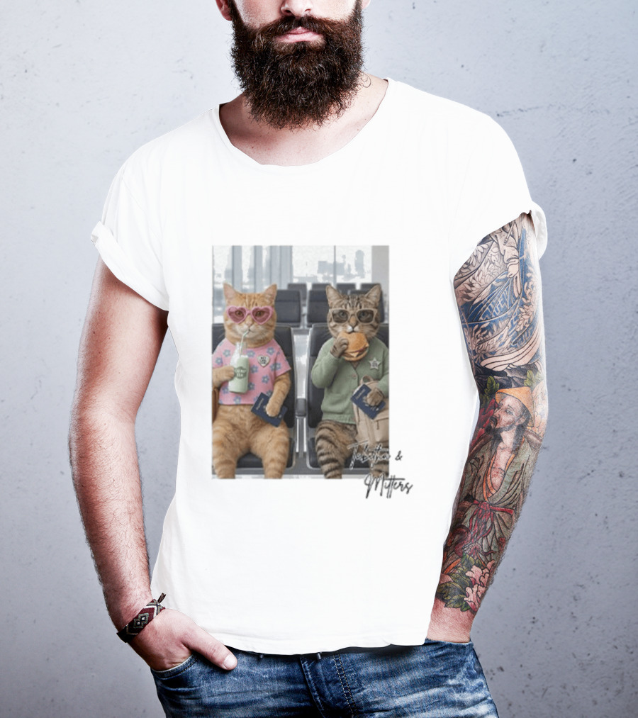 Tabitha & Mittens Airport Adventure Cats With Heart Glasses Milkshake Burger Passport T-Shirt