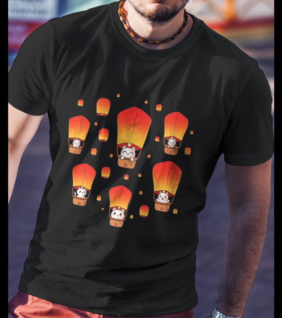 Cats In Lanterns Floating Skyward With Chinese New Year Charm T-Shirt