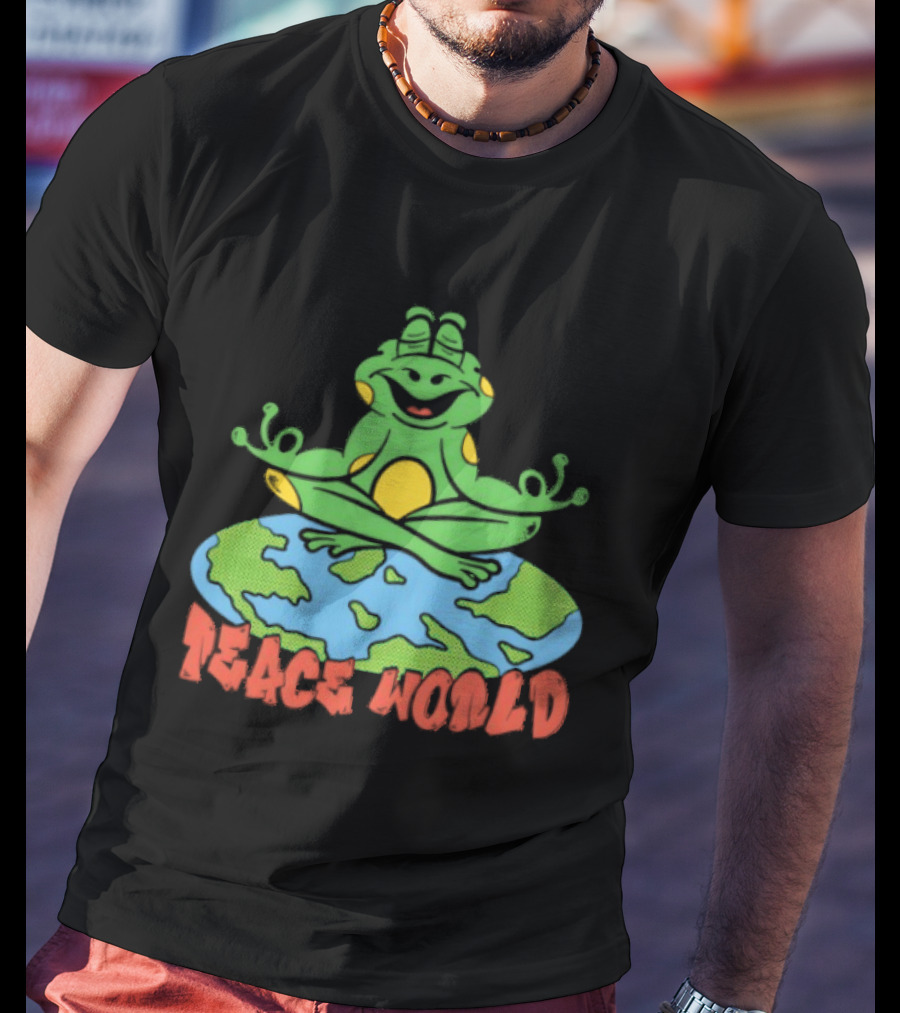 Meditating Frog Sitting On Planet Earth Peace World T-Shirt