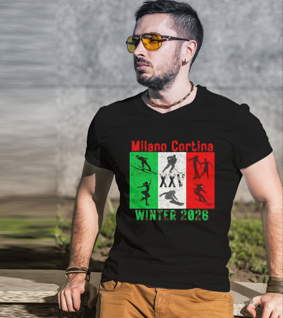 Milano Cortina Winter 2026 Italy Flag XXV Skiing Skating Snowboarding T-Shirt