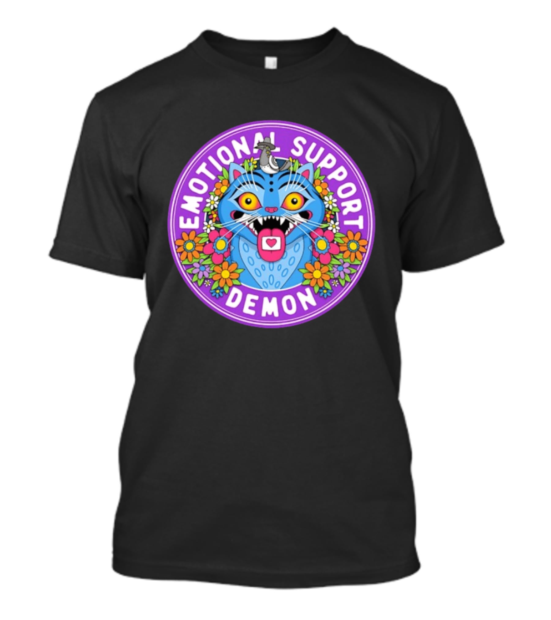 Emotional Support Derpy Demon Cat Surrounded By Flowers And Bird T-Shirt
