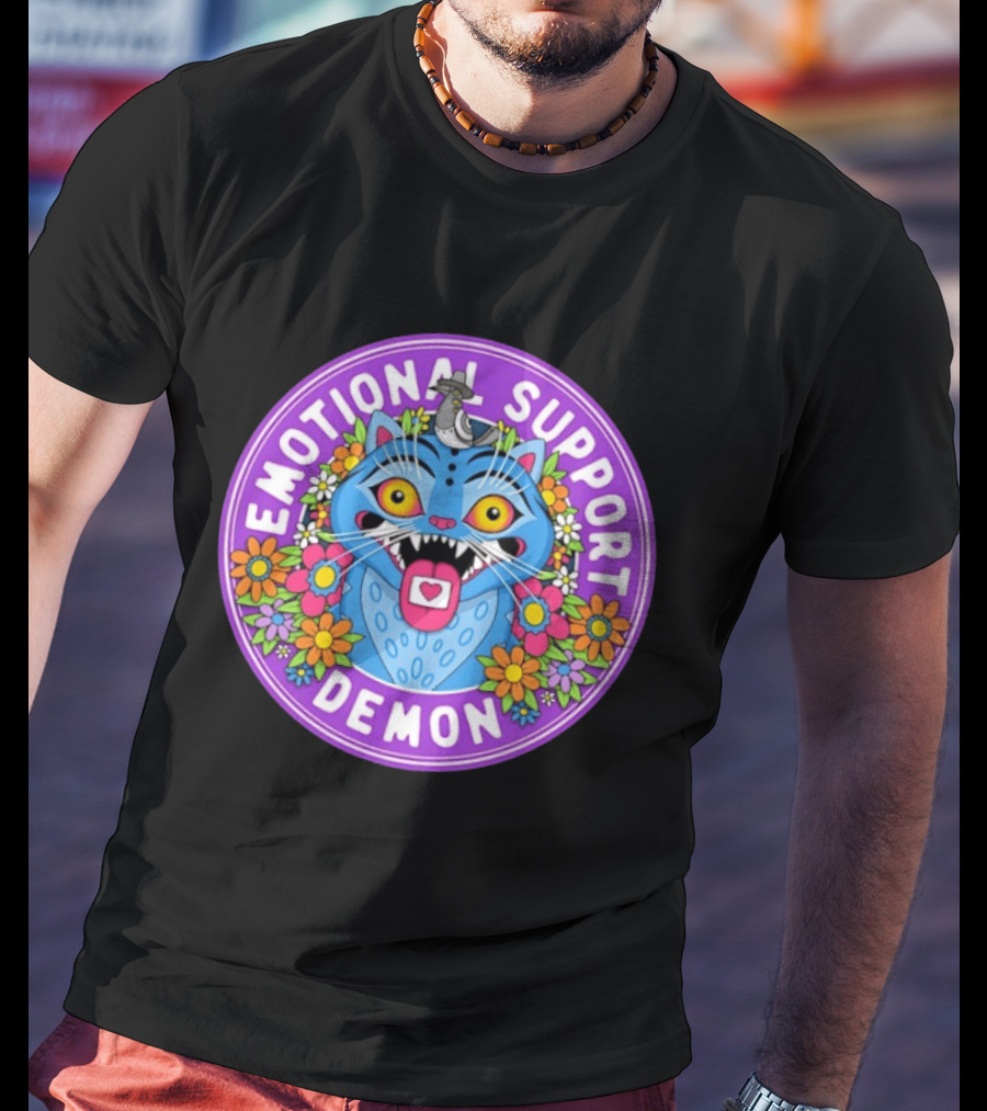 Emotional Support Derpy Demon Cat Surrounded By Flowers And Bird T-Shirt