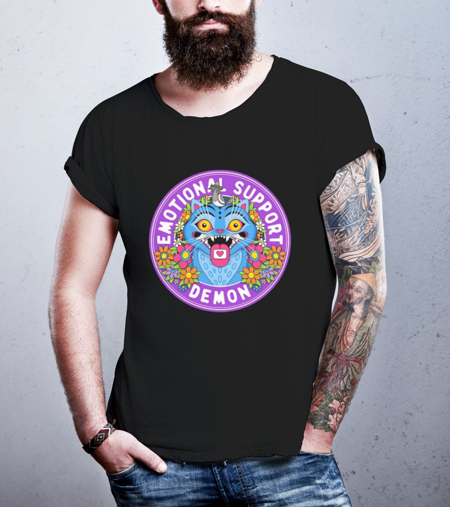 Emotional Support Derpy Demon Cat Surrounded By Flowers And Bird T-Shirt