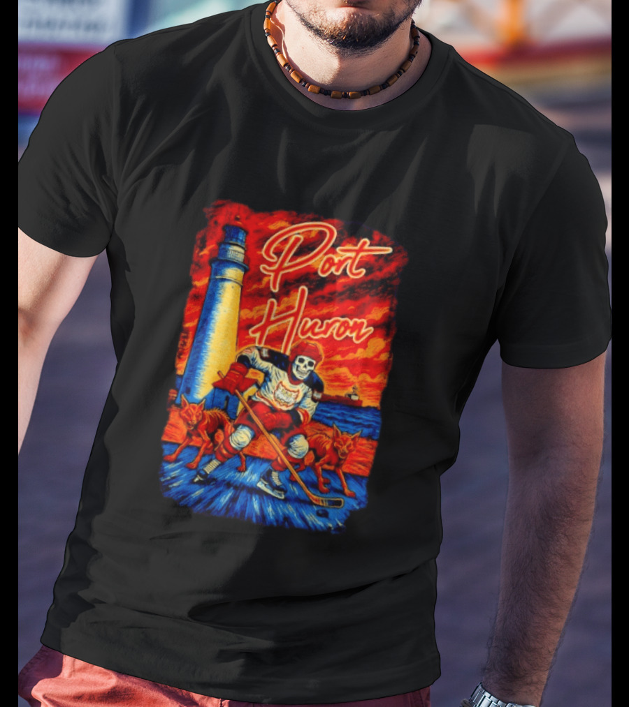 Port Huron Skeleton Prowlers Hockey With Lighthouse And Wolves T-Shirt