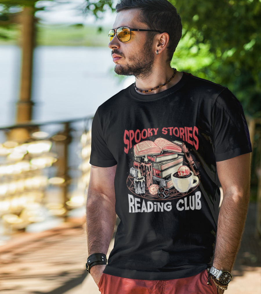 Spooky Stories Reading Club Books Candles Skulls And Cup T-Shirt