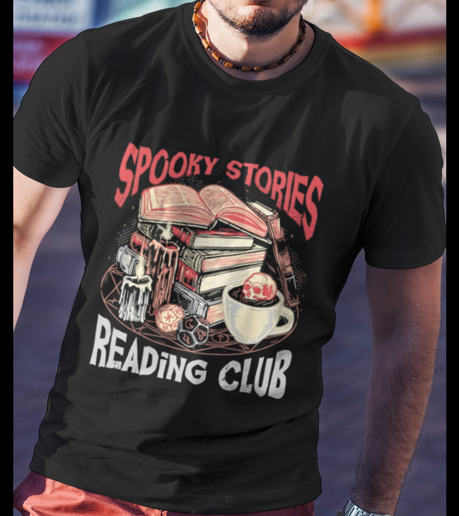 Spooky Stories Reading Club Books Candles Skulls And Cup T-Shirt