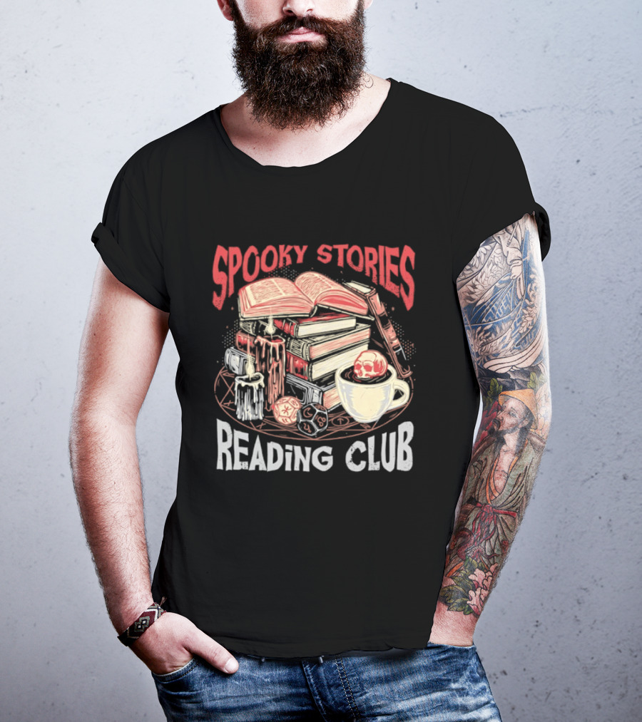 Spooky Stories Reading Club Books Candles Skulls And Cup T-Shirt