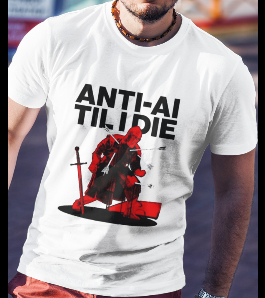 ANTI AI TIL I DIE Medieval Warrior Kneeling With Sword And Arrows T-Shirt