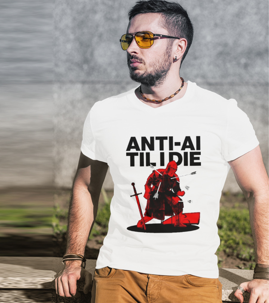 ANTI AI TIL I DIE Medieval Warrior Kneeling With Sword And Arrows T-Shirt