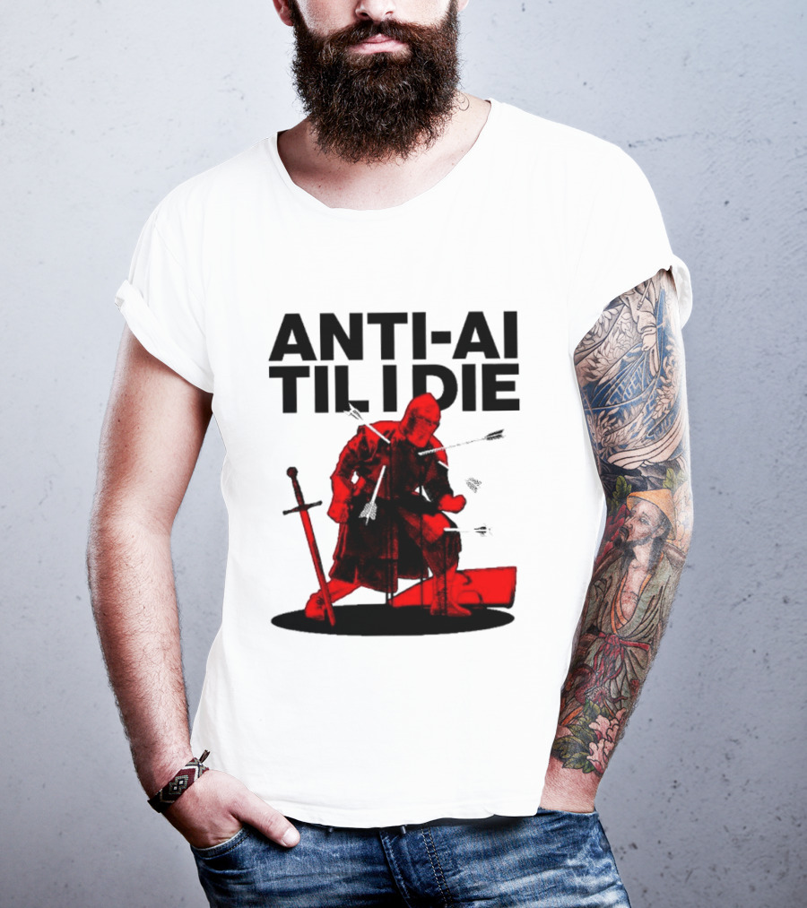 ANTI AI TIL I DIE Medieval Warrior Kneeling With Sword And Arrows T-Shirt