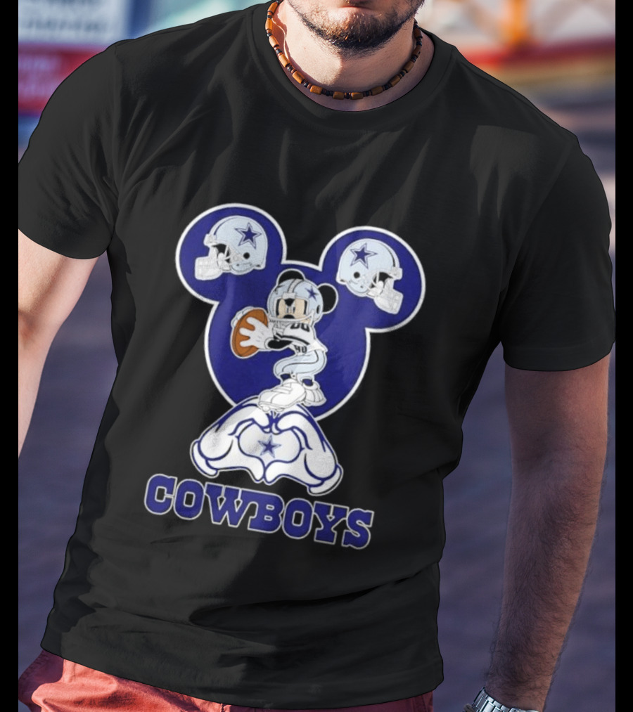 Dallas Cowboys Mickey Mouse Heart Hands Football Helmets T-Shirt