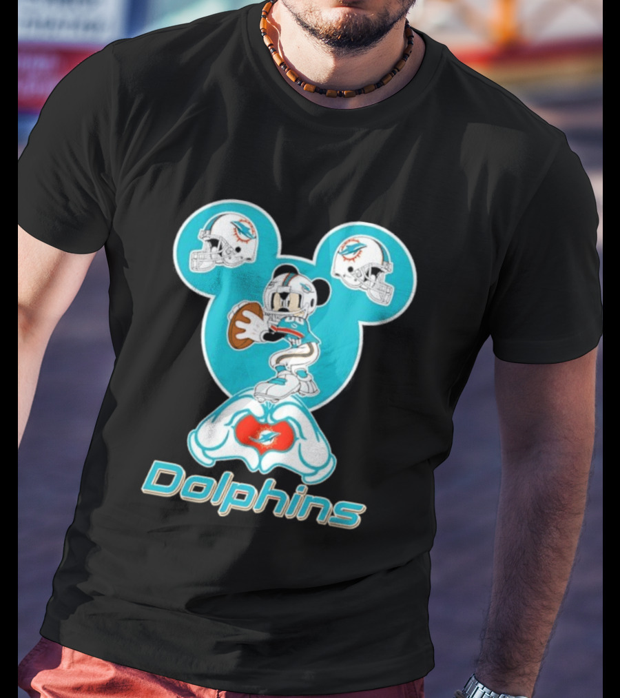 Miami Dolphins Mickey Mouse Heart Hands Football Helmets T-Shirt