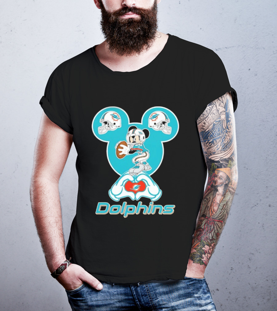 Miami Dolphins Mickey Mouse Heart Hands Football Helmets T-Shirt
