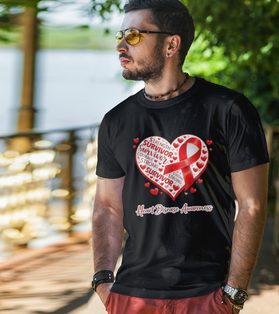 Survivor Strength Courage Strong Heart Disease Awareness Red Ribbon T-Shirt