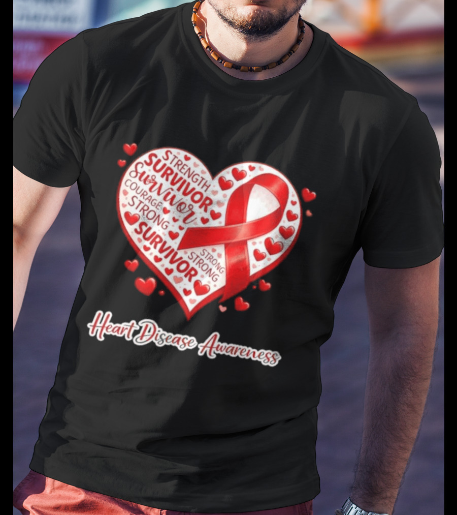 Survivor Strength Courage Strong Heart Disease Awareness Red Ribbon T-Shirt
