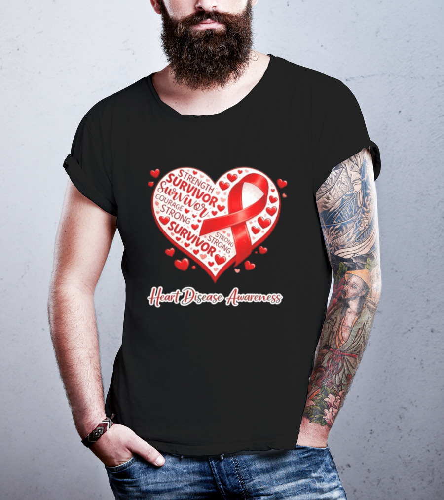Survivor Strength Courage Strong Heart Disease Awareness Red Ribbon T-Shirt