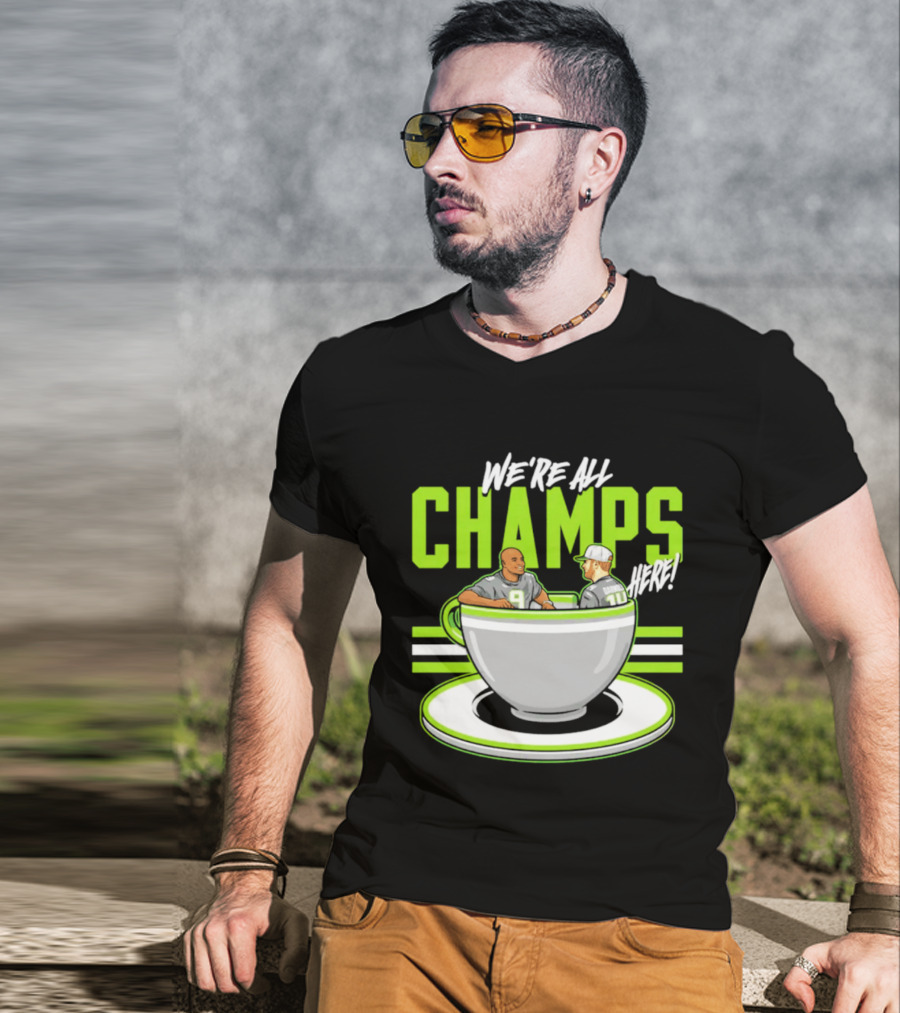 We're All Champs Here Kenneth Walker III Sam Darnold Seattle Tea Cup T-Shirt