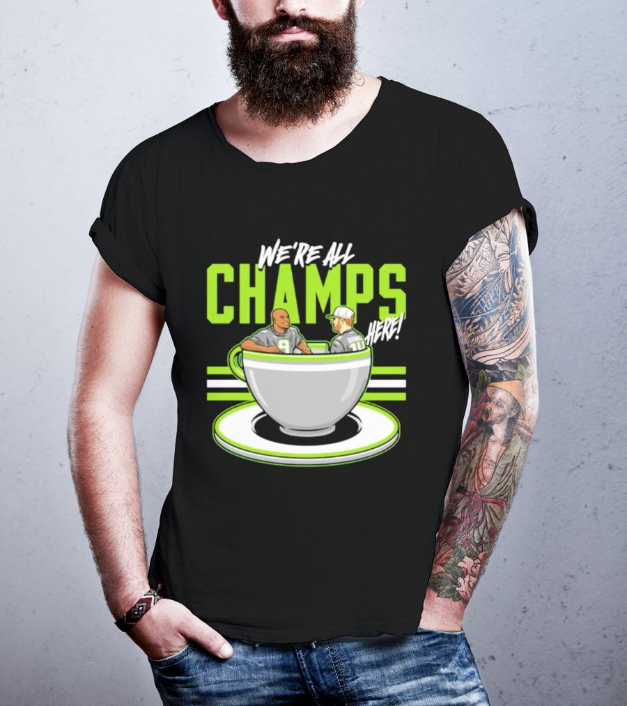 We're All Champs Here Kenneth Walker III Sam Darnold Seattle Tea Cup T-Shirt