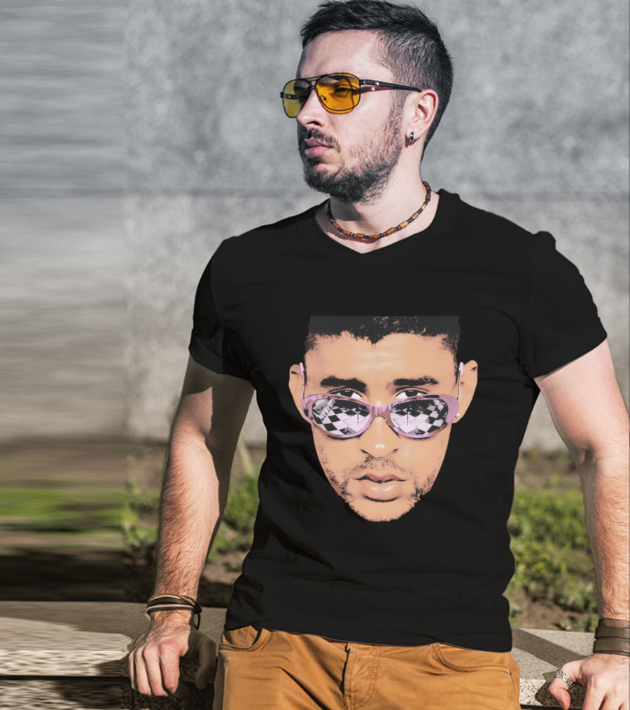 Bad Bunny Big Face Pastel Sunglasses Checkered T-Shirt