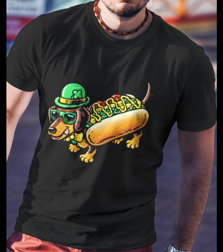 St Patricks Day Chicago Hot Dog Wearing Irish Hat And Glasses T-Shirt