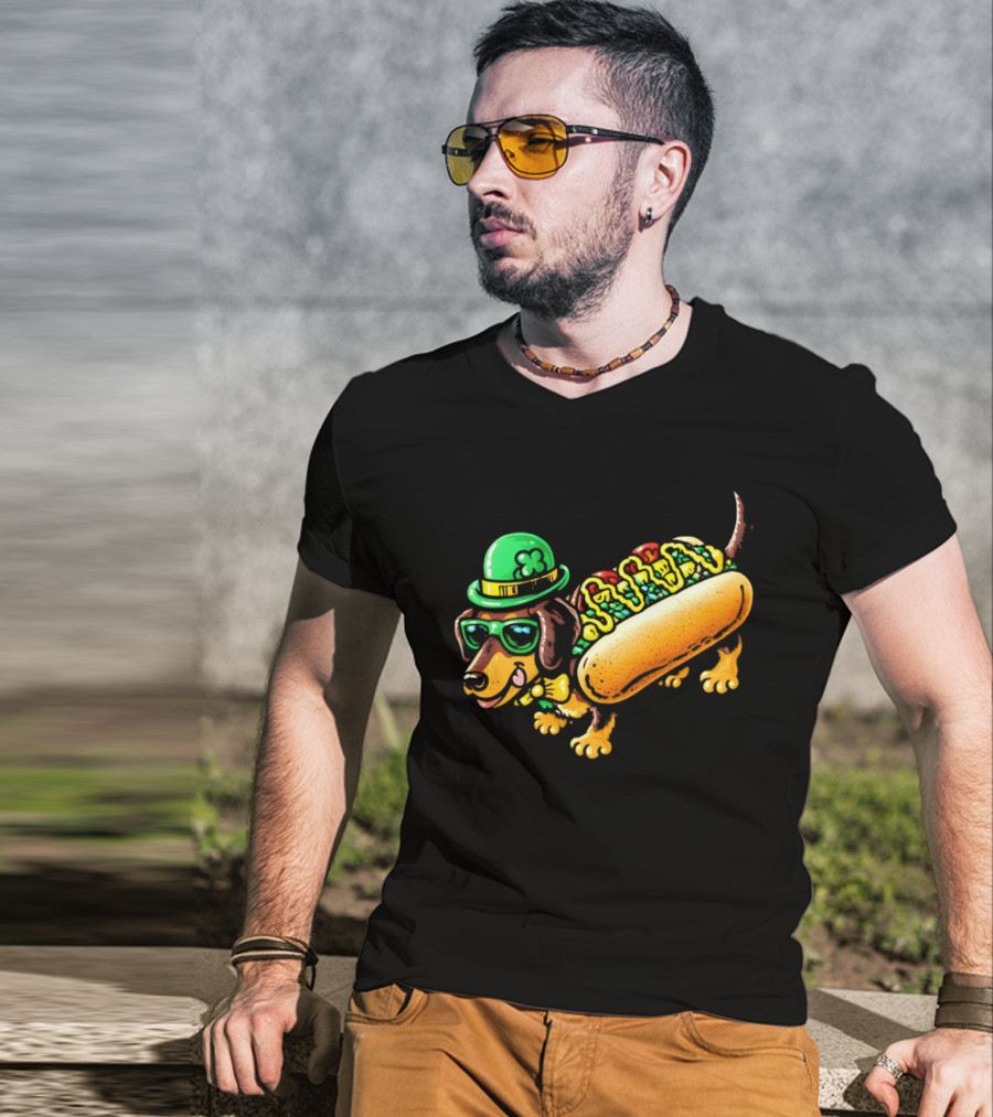 St Patricks Day Chicago Hot Dog Wearing Irish Hat And Glasses T-Shirt